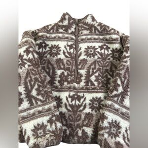 SUNDANCE Heidi Sherpa Half Zip‎ Pullover Brown Ivory Nordic Fleece Small Cozy